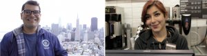 Photos - Left: Luis Reyes, enjoying Coit Tower's view on his lunch break. Right: Eluteria Alatorre, getting the cash register ready for the weekday lunch rush. Credit: Paul James