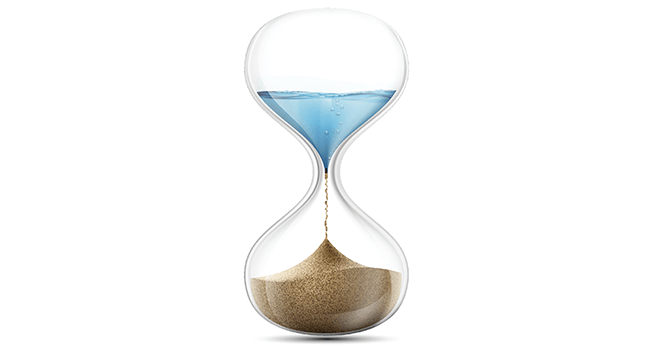 Image: hour glass with water in the top half, turning to sand in the lower half.