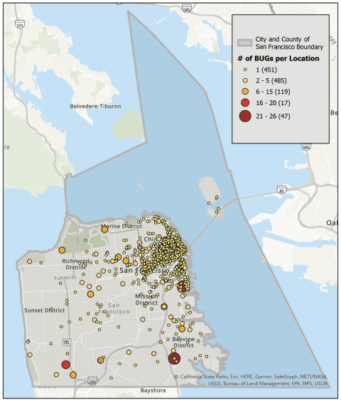 Map image: Backup generator population in San Francisco grows to 1,208, mostly diesel. 84 additional BUGs are located at the San Francisco International Airport and other unincorporated areas adjacent to city boundaries. Five BUGs were not mapped due to incomplete data. SOURCE: Bay Area Air Quality Management District; M.Cubed, 2022