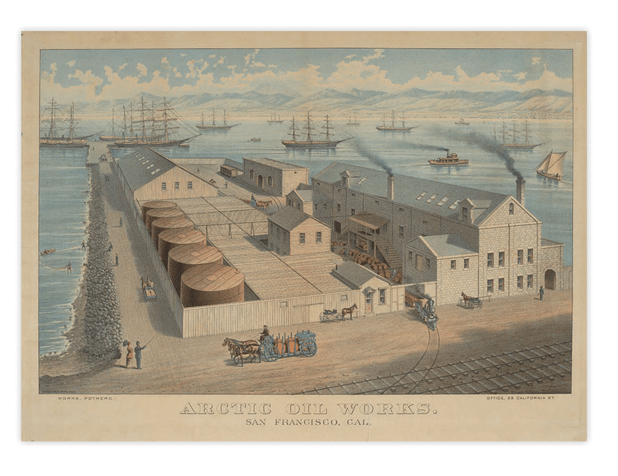 Drawing of The Arctic Oil Works was established on Illinois Street between 16th and 17th streets in 1883