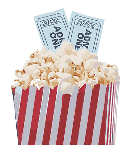 Popcorn in red and white striped box. Two light blue "Admit One" tickets peering from the popcorn.